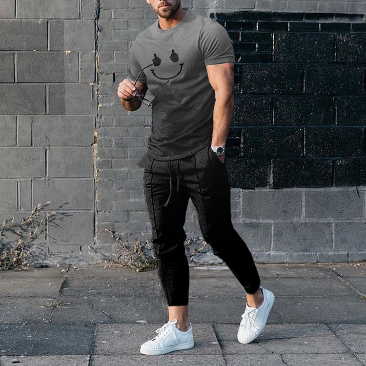 BrosWear Leisure Gray And Black T-Shirt And Pants Two Piece Set