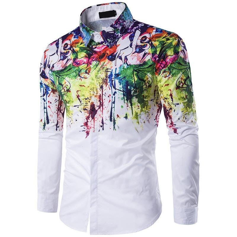 Men's Flower Splash Ink Spray Paint Long Sleeve Slim Shirts-Corachic