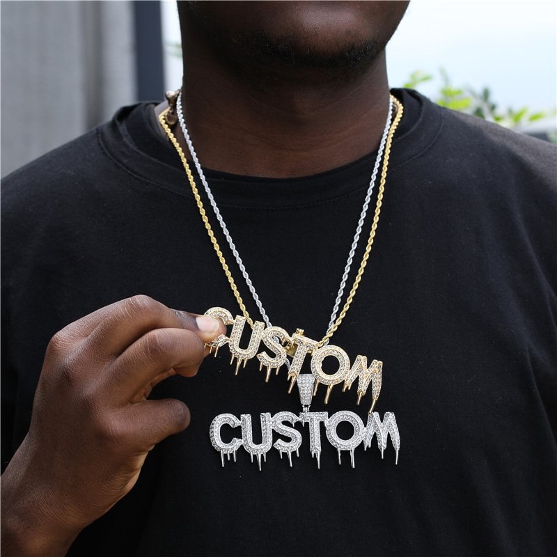 Custom Name Iced Out Drip Letters Pendant Necklace Gold Plated-VESSFUL
