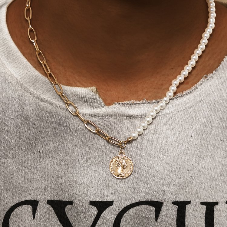 10MM Hip Hop Punk Stitching Paneled Pearl Pendant Necklace Men's Chain Jewelry