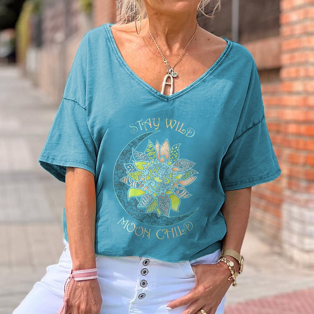 Oversized Stay Wild Moon Child Printed Lotus And Moon Graphic Tees