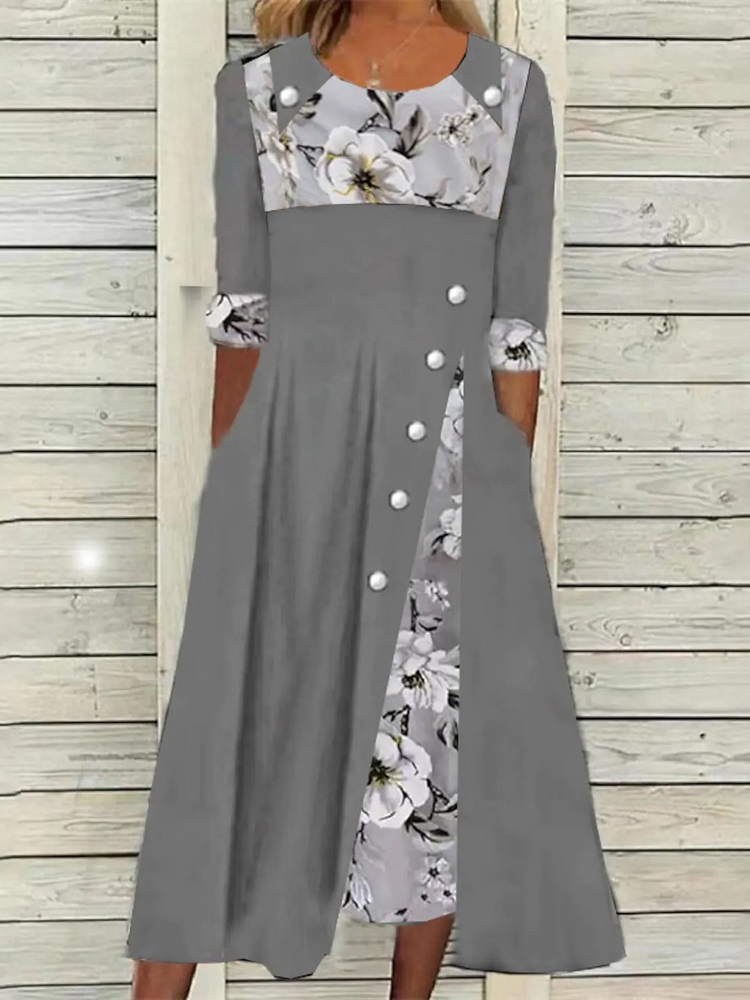 Pure Flower Print Stitching Pocket Button Dress