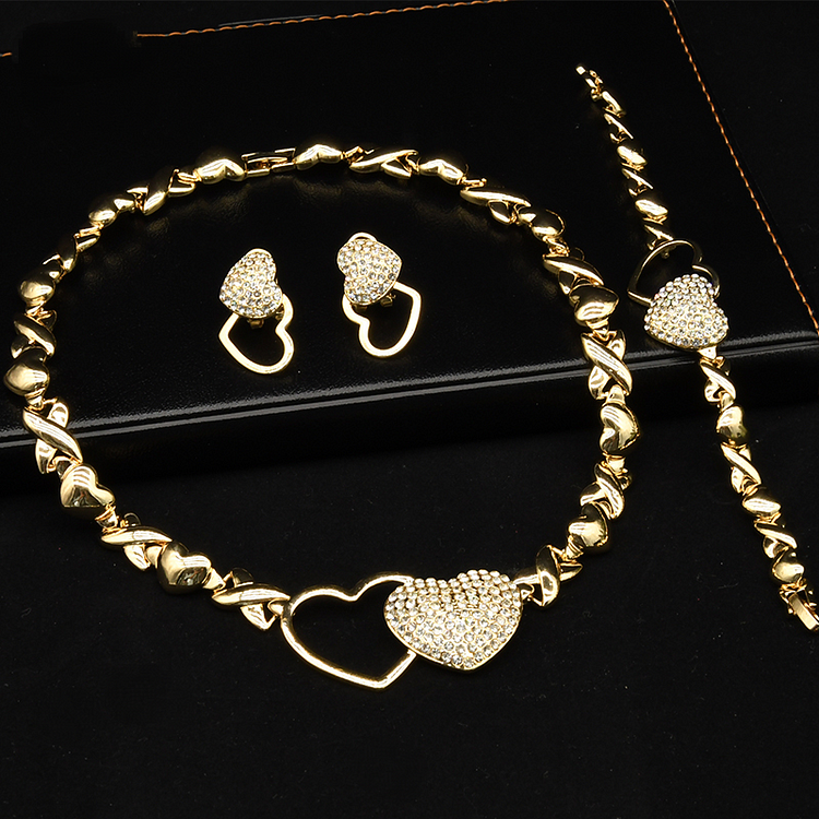 Rhinestone Heart Necklace Earrings Bracelet Ring Set Women Jewelry
