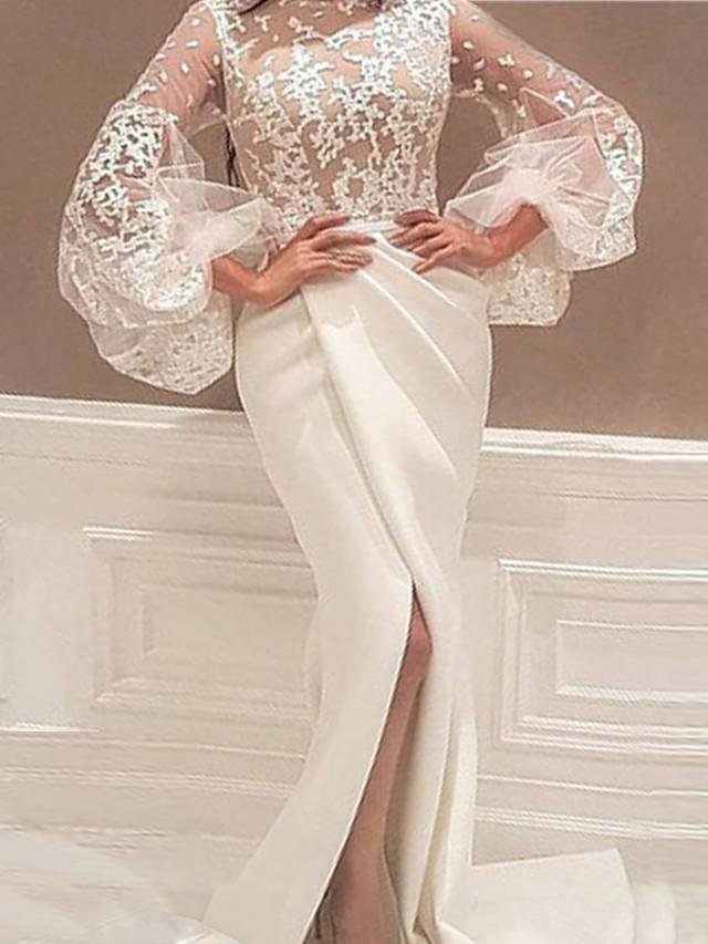 Women's Sheath Dress Maxi long Dress Long Sleeve Solid Color Split Mesh Lace Fall Sexy Flare Cuff Sleeve White S M L XL XXL-Corachic