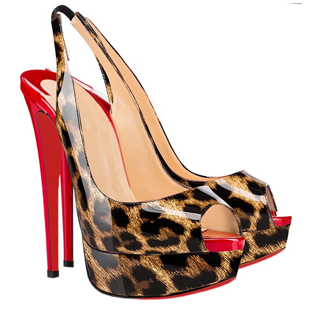 150mm Slingback Sandals Platforms Sky High Party Gradient Color Leopard with Red Heels Pumps-vocosishoes