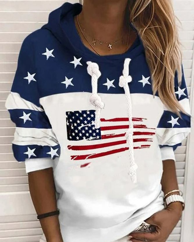 Color-block Stars Flag Printed Hoodie Long Sleeve Plus Size Casual Sweatshirts