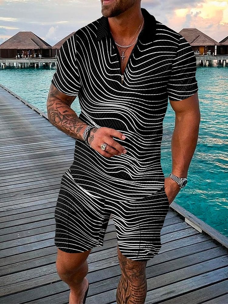 Men's Vacation Striped Printed Polo Suit