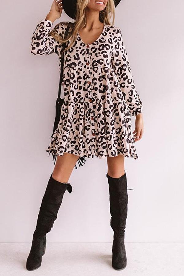 Leopard Printed Long Sleeve Mini Dress P13173