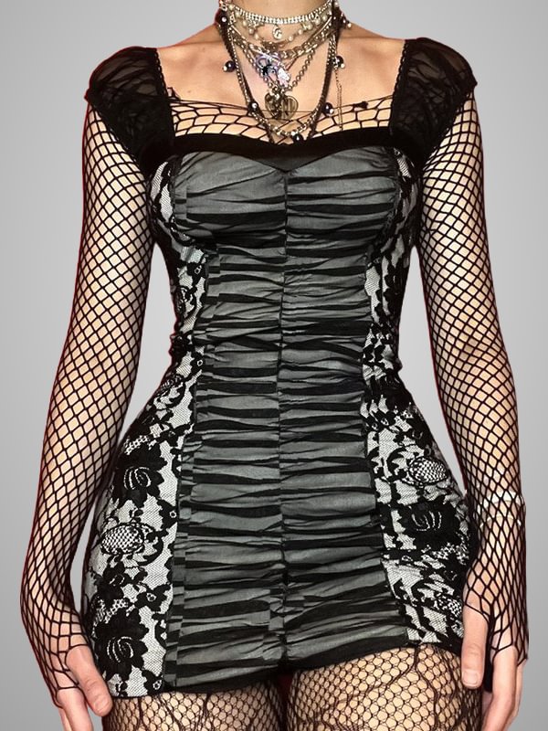 Gothic Dark Sexy Girl Lace Paneled Gathered Spaghetti Square Collar Bodycon Dress