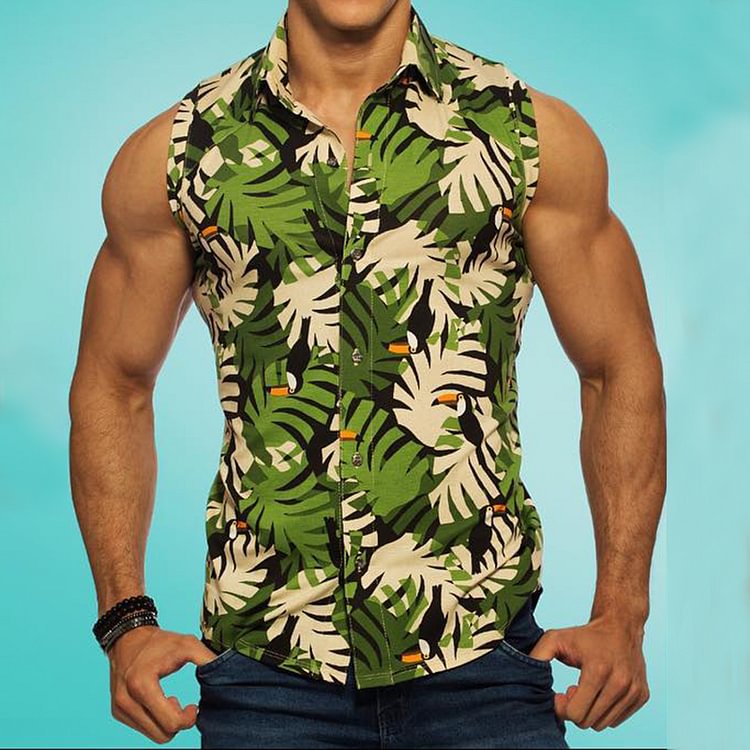 BrosWear Men'S Botanical Print Fashion Sleeveless Shirt Tank Top