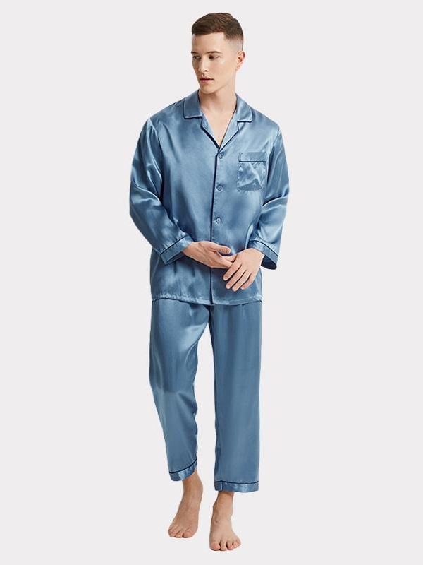 19 Momme Light Blue Silk Pajams For Men-real-silk-life