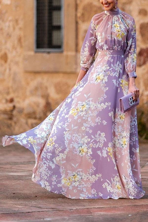 Bohemian Floral Print Paneled A-line Pleated Maxi Dress-Corachic