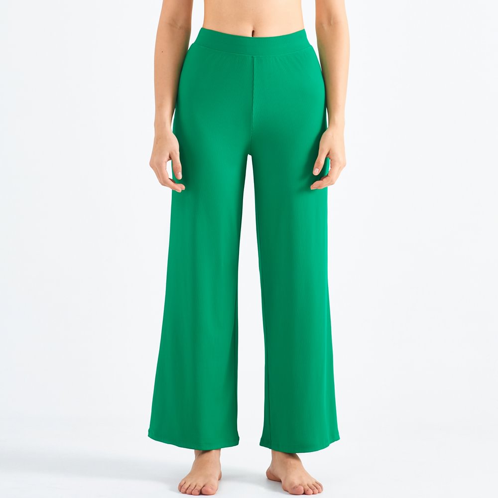 Hergymclothing green sunscreen bindable waist ribbed causal womens wide leg yoga pants for sale