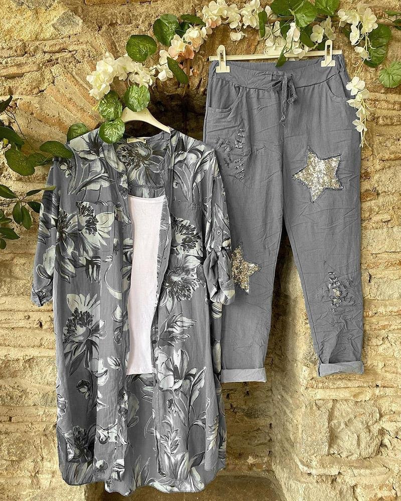 Floral Print Open Front Casual Two-piece Suits