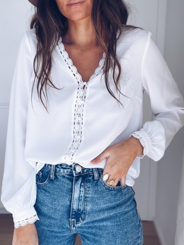 Women V-neck With Lace Long Sleeve Blouse