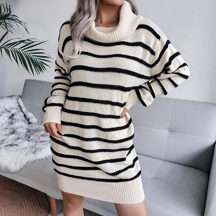 Mayoulove Women's Sweater Dress Casual High Neck Striped Knitted Sweater Dresses-Mayoulove