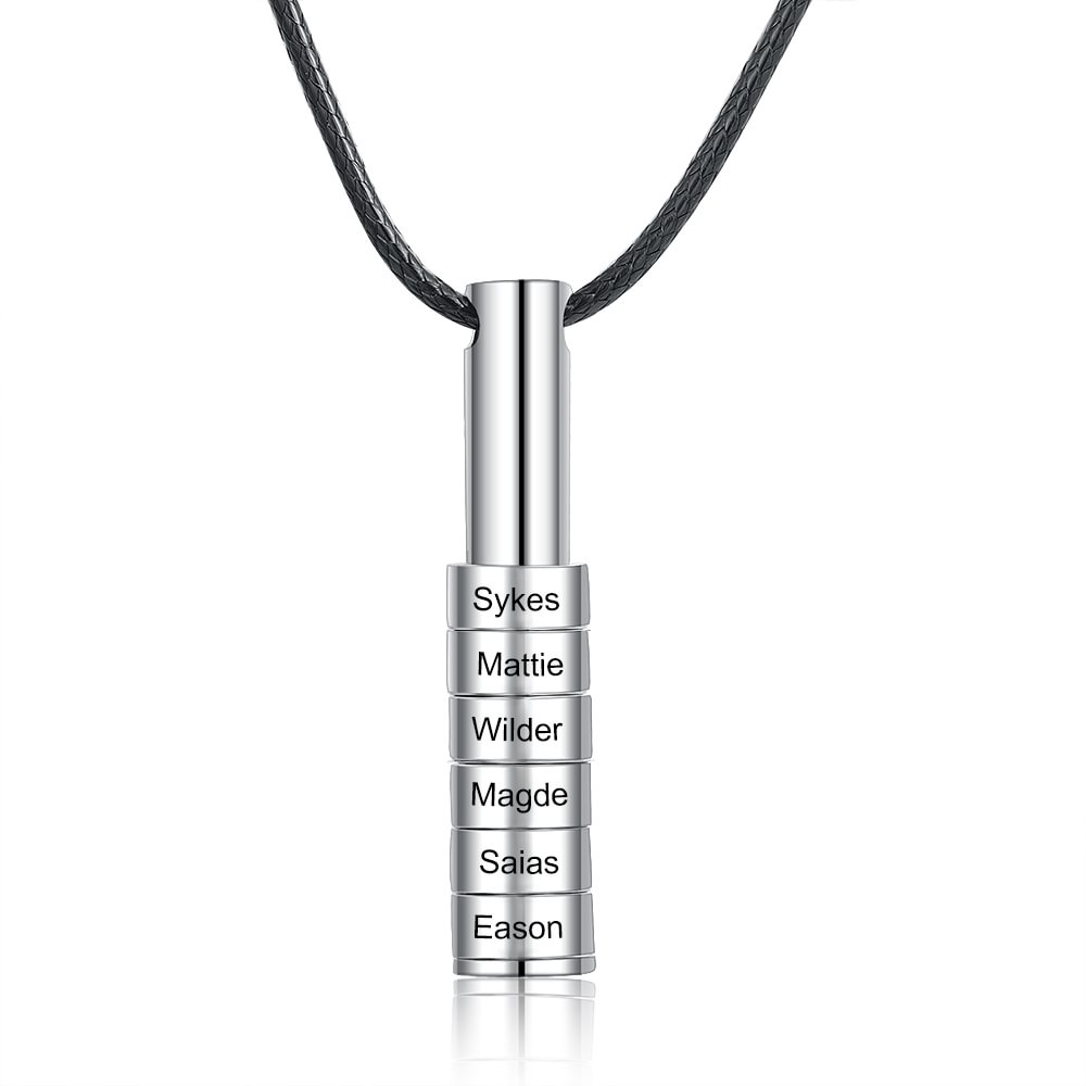 Personalized Engraved Cylinder Bar 6 Names Necklace Men - Family Long Vertical Bar Cylindrical Necklace