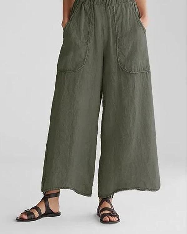 cotton linen pockets plus size wide leg casual pants p110834