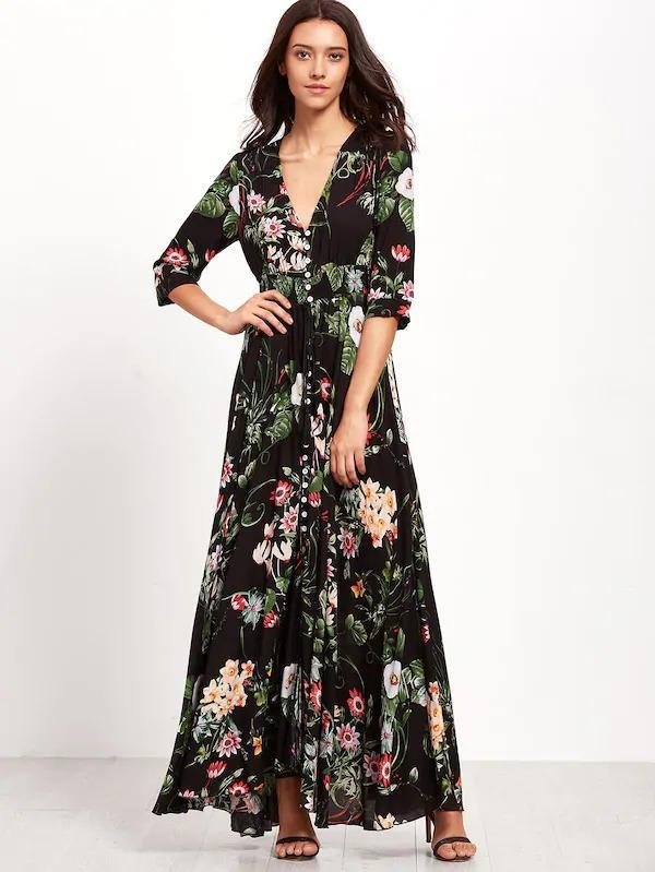 Smocked Waist Button Through Floral Maxi Dress-Corachic