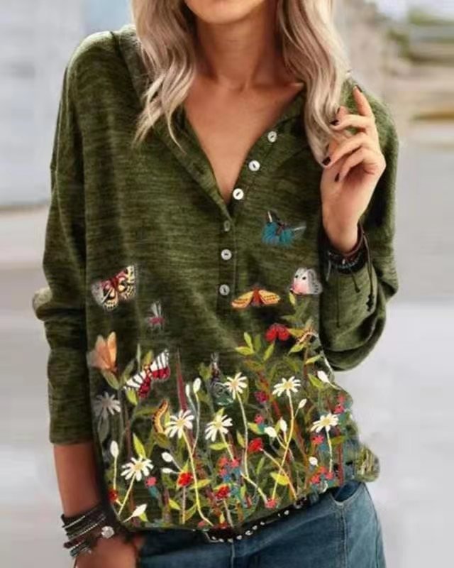 Women's Floral Butterfly Print Casual V-Neck Long Sleeve Top