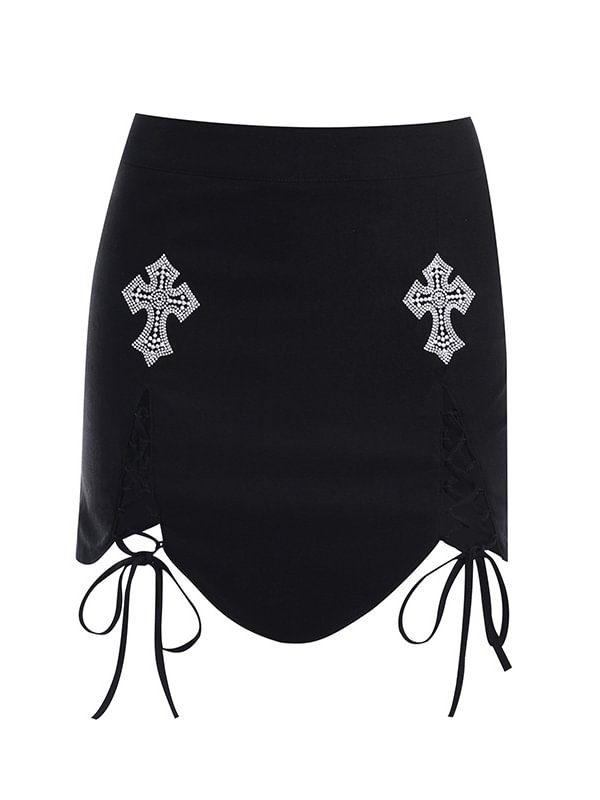 Gothic Cross Rhinestone Solid Color Gathered Lace Up Asymmetrical Skirt
