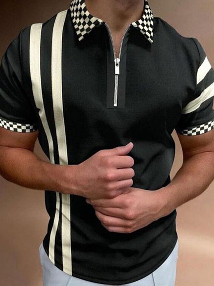 Plaid Stripe Lapel Zipper Men's Short Sleeve Polo Shirts-VESSFUL