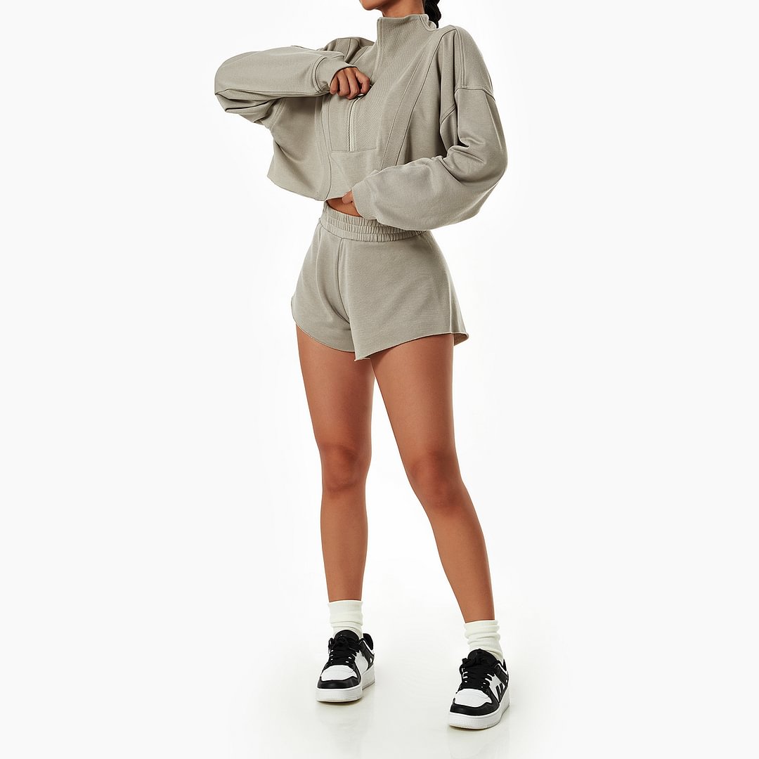 Women's Fashion Loose Sports Suits - Half Zip Stand Collar + Comfort Shorts HerGymClothing HerGymClothing
