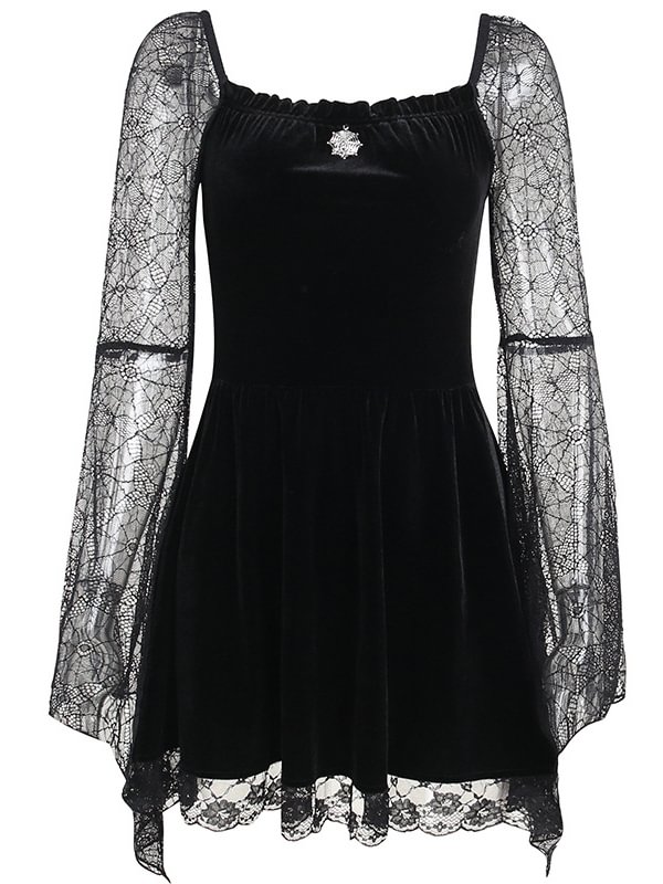 Dark Goth Spider Net Mesh Bell Sleeve Paneled Dress