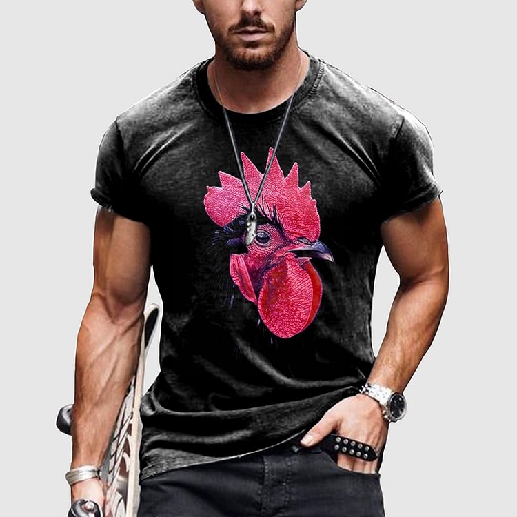 BrosWear Big Rooster Pattern Casual Short Sleeve T-Shirt
