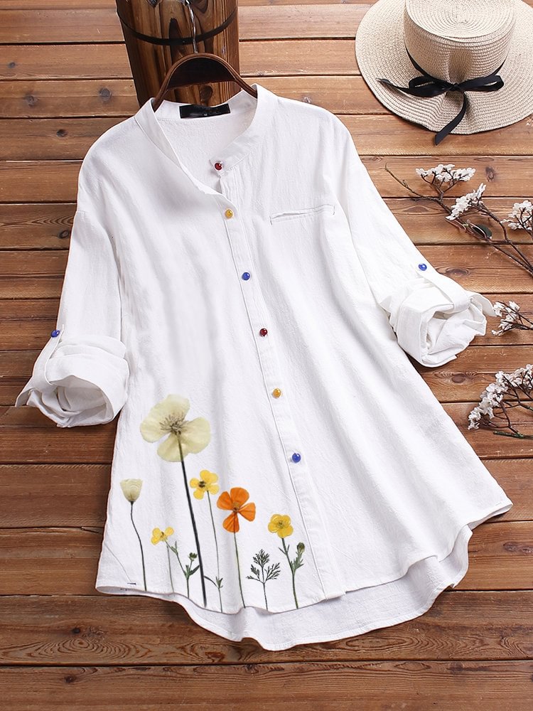 Women Cotton Tunics Flower Print Colorful Button Long Sleeve Shirt Top