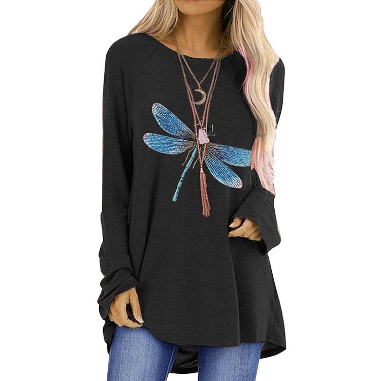 Women's Autumn Blue Dragonfly Loose Round Neck Long Sleeve