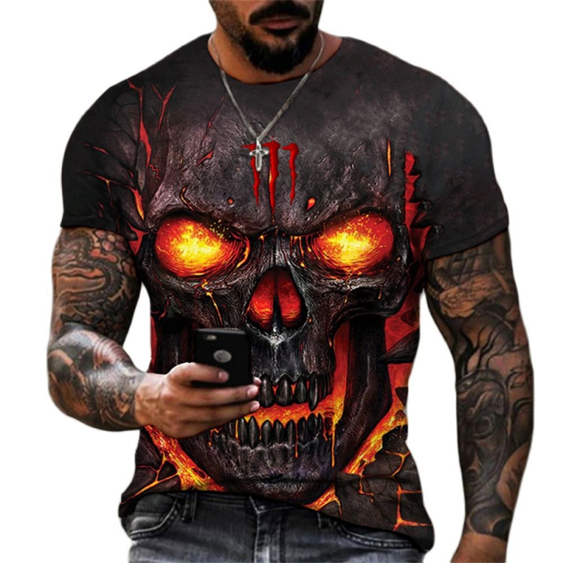 Fire Skull Crew Neck Short Sleeves Skeleton 3D Print Mens T-shirts-VESSFUL