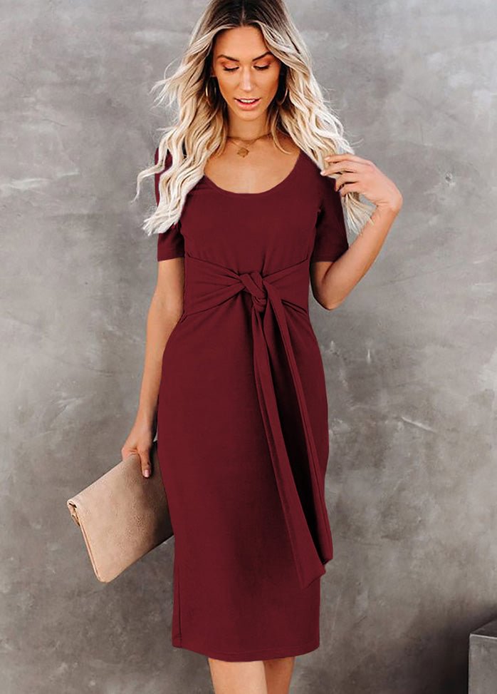 Round Neck Short Sleeve Solid Color Dress
