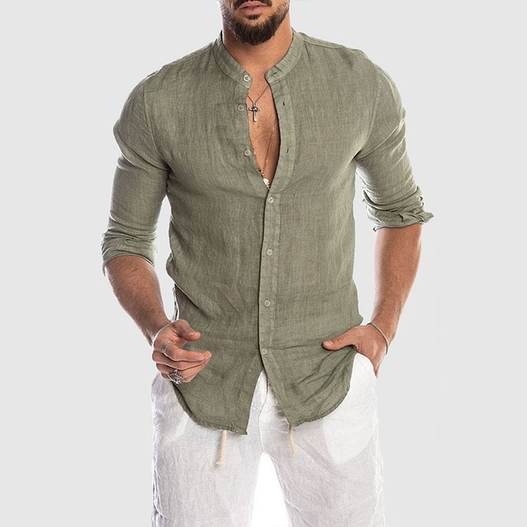 BrosWear Solid Cotton Linen Stand Collar Button Shirt