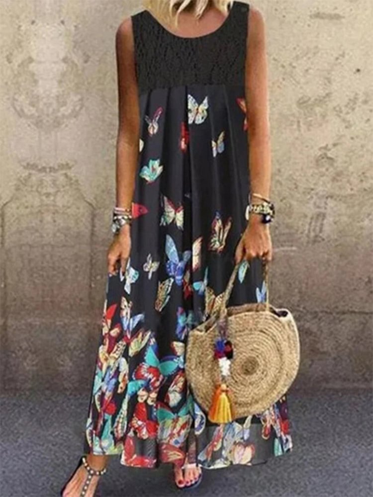 Women's Holiday Sleeveless Butterfly Printed Maxi Dress