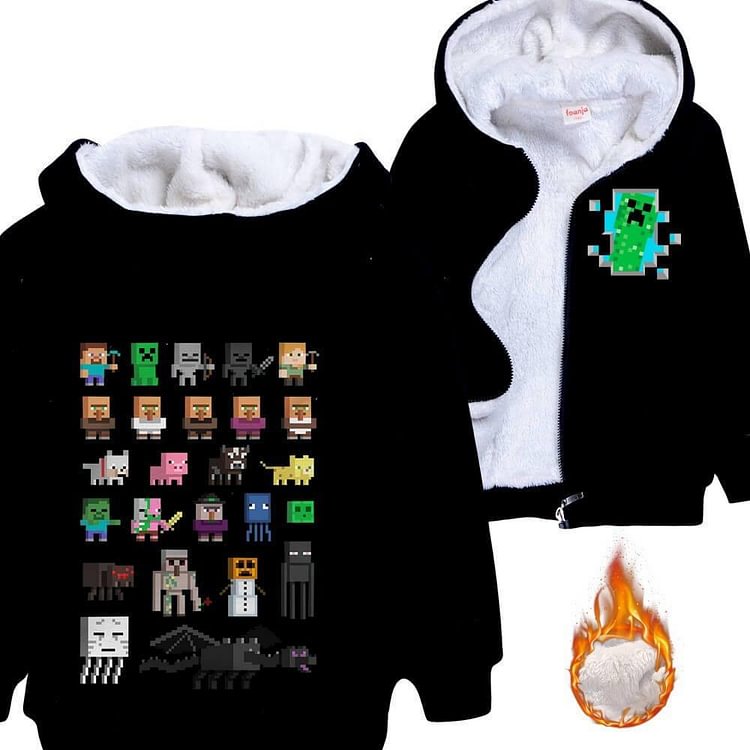 Mayoulove Minecraft Figures Game Print Boys Girls Fleece Hoodie Zip Up Jacket-Mayoulove