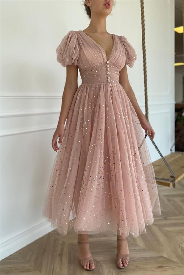 Luluslly Dusty Pink Short Sleeves Prom Dress Tulle V-Neck With Sequins Button