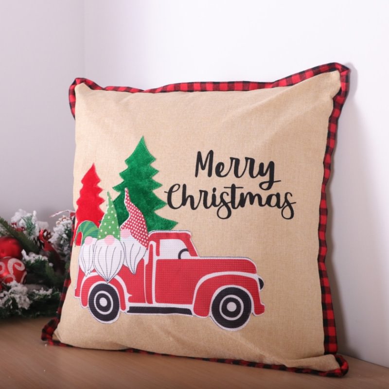 Merry Christmas Car Santa Claus Print Linen Embroidery Craft Pillowcase