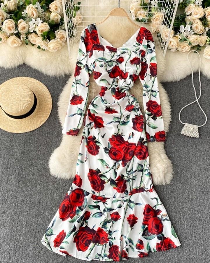 All Over Print Skinny Waist Long Sleeve Mermaid Maxi Dress P10041