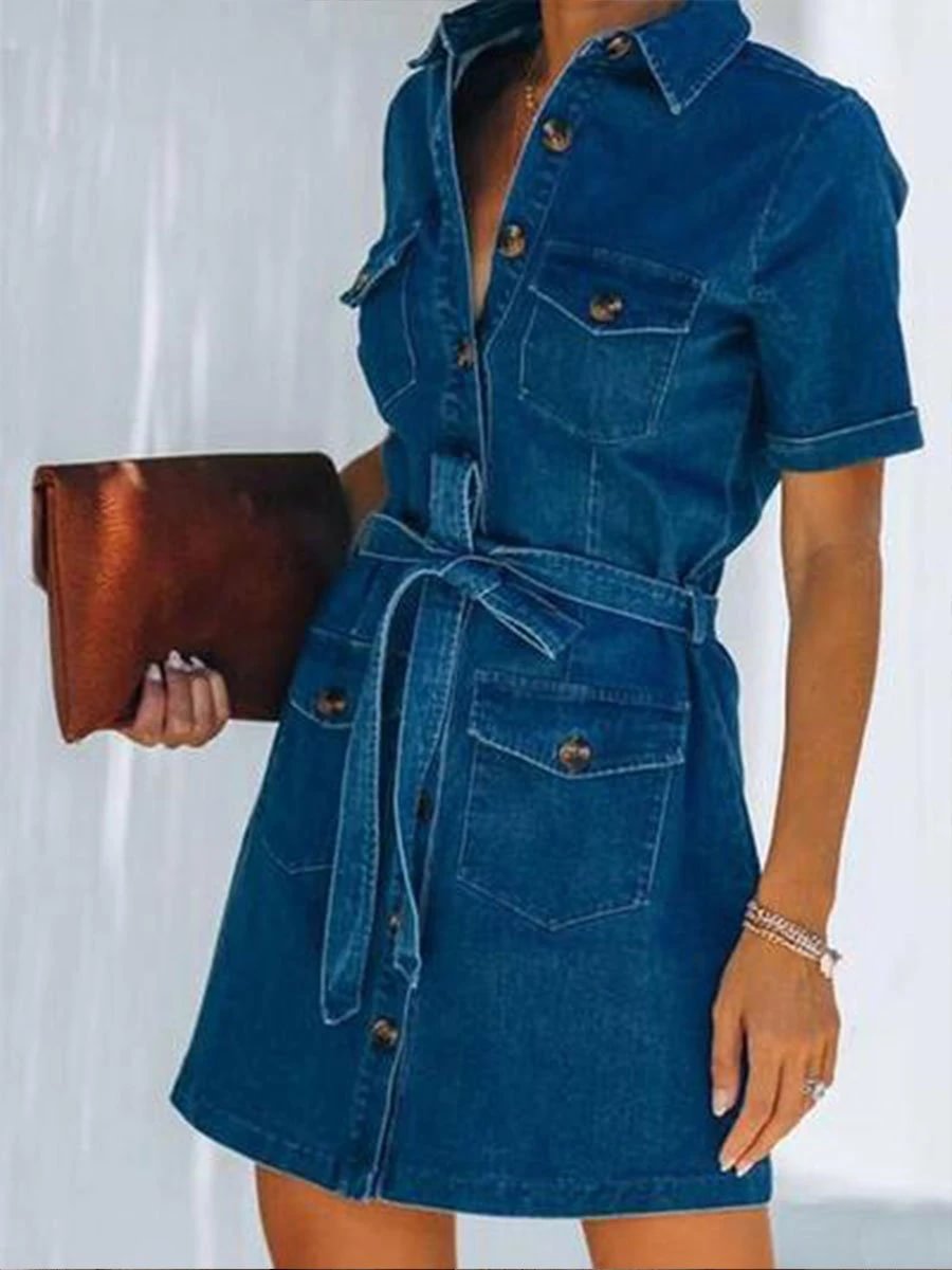 Solid Slim-fit Blue Denim Shirt Dress P15294