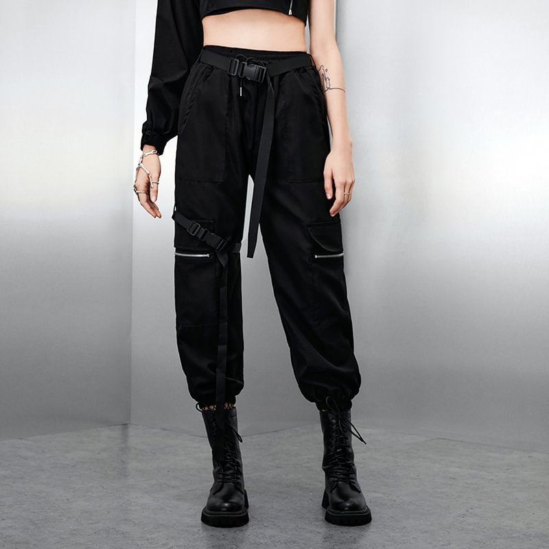 Black Ribbon Zipper Pocket Cargo Pants / Techwear Club / Techwear