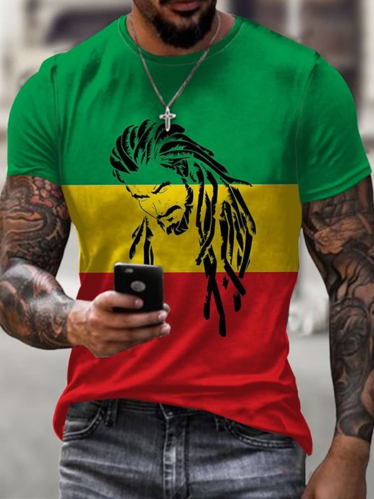 BrosWear Reggae Print Contrast Casual Short Sleeve T Shirt