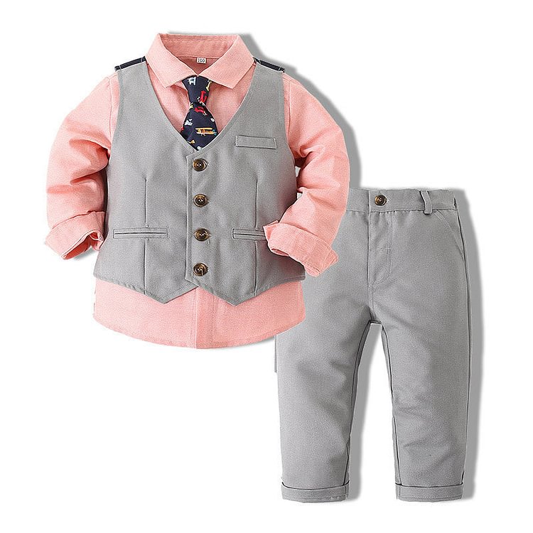 Mayoulove Baby Boy Suit Long Sleeve Pink 3Pcs Gentleman Formal Set-Mayoulove