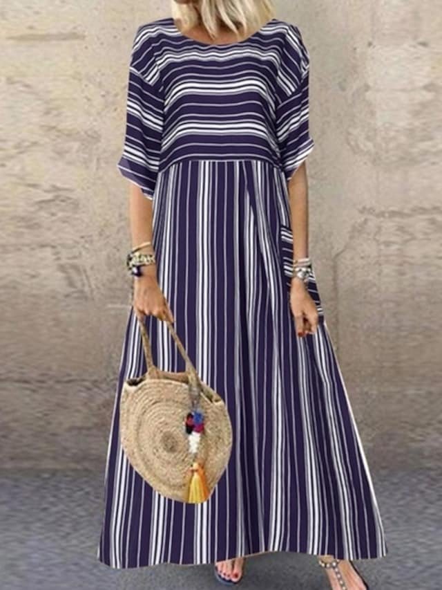 Stripe Print Mid-length Sleeve Maxi Dress