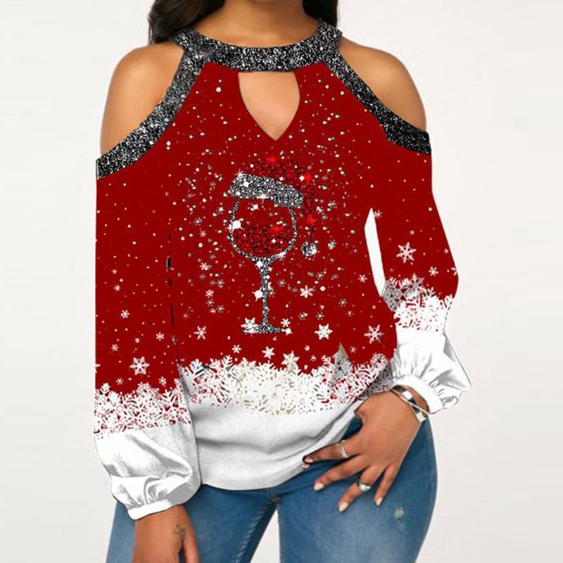 Off-the-shoulder Christmas Wine Glass Print Women's Casual Long Sleeves T-shirt