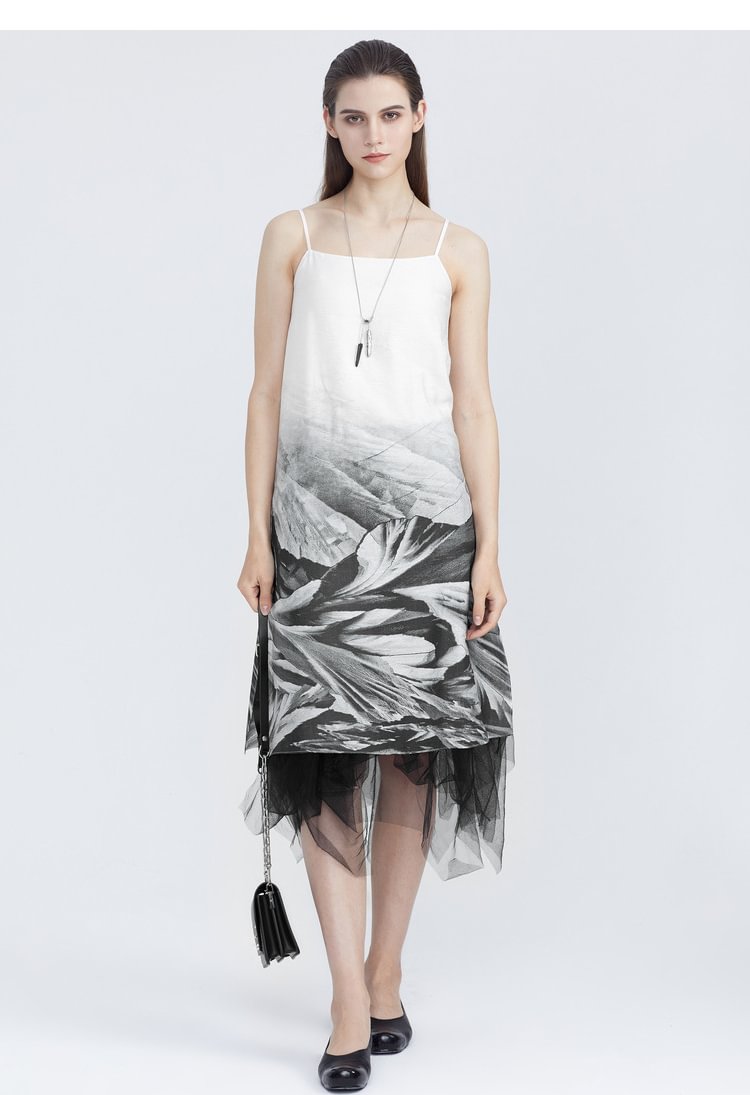 SDEER Literary Fashion Printed Mesh Sling Dress