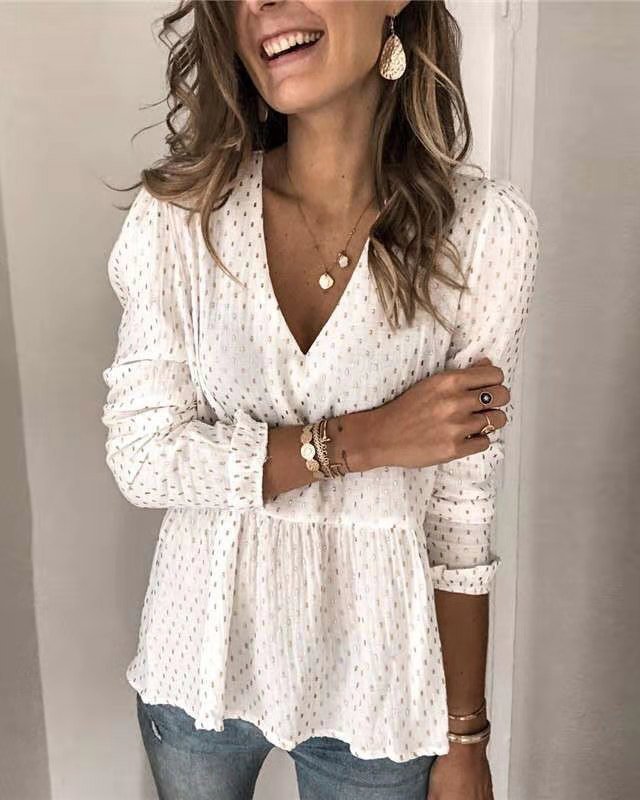 Spring casual temperament long-sleeved V-neck loose women's top