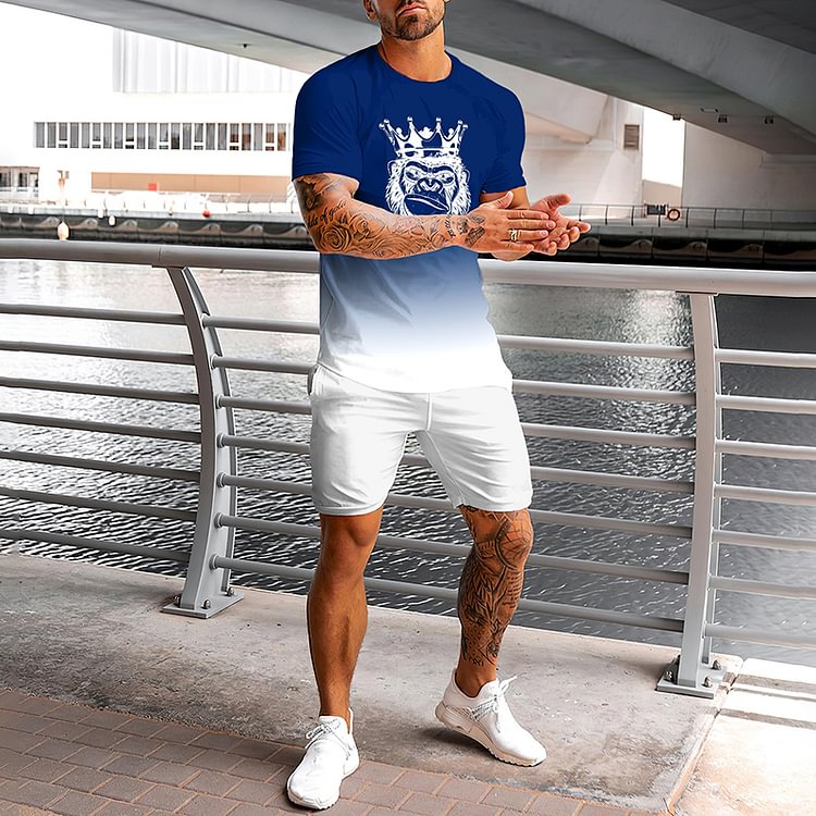 BrosWear Blue And White Gradient Print T-Shirt And Shorts Two Piece Set