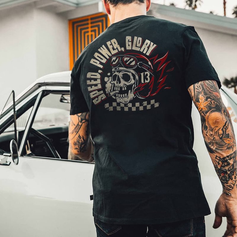 Speed, power, glory skull print t-shirt designer - Krazyskull