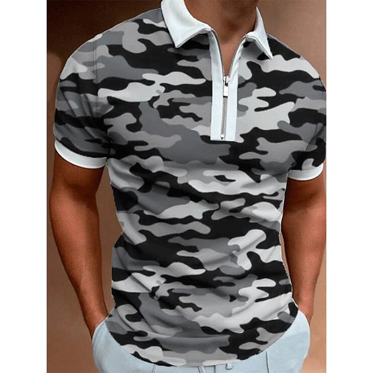 Camouflage Pattern Casual Short Sleeve Tops Zipper Men's Polo Shirts 